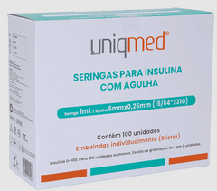 Seringas para Insulina Uniqmed 1mL Agulha 6mmx0.25mm - Contém 100 unidades(Polybag\Pacotes 10x10)