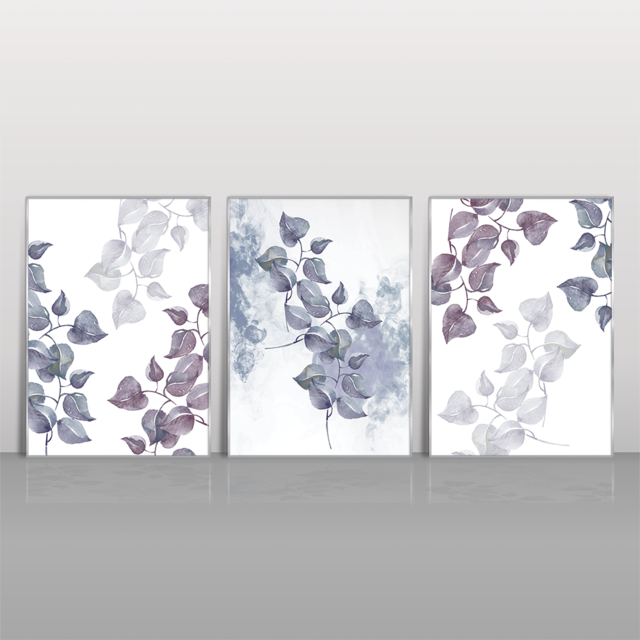 Composição com 3 quadros decorativos Folhas Aquarela com tons azul e roxo  para Sala e Quarto
