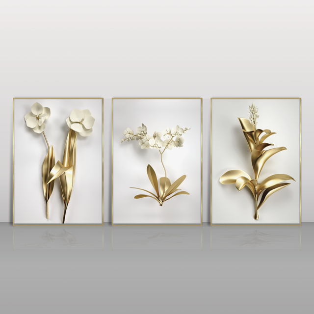 Composição com 3 quadros decorativos Flor Dourado para Sala