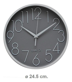 RELOJ DE PARED PLASTICO BLANCO C/GRIS 24,5CM DE DIAMETRO