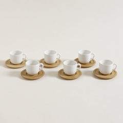 SET X 6 TAZAS DE PORCELANA BLANCA CON PLATO DE BAMBOO DIAMANTES 80ML