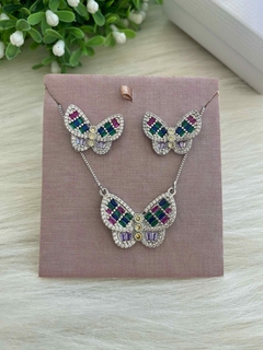 Conjunto Borboleta Zircônias Verde Azul e Rosa - Banhado a Ródio Branco