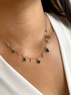 Choker Corações Verdes e Zircônias Pendentes - Banhado a Ródio Branco