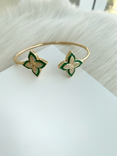 Bracelete Duas Flores Verdes Cravejadas - Banhado a Ouro - comprar online