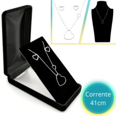 COLAR FEMININO CORAÇÃO E CORAÇÃOZINHO COM BRINCOS - LUXO - PRATA 925