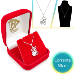 COLAR FEMININO COM PINGENTE PATINHA PET CORAÇÃO LOVE E ZIRCÔNIAS - PRATA 925 na internet