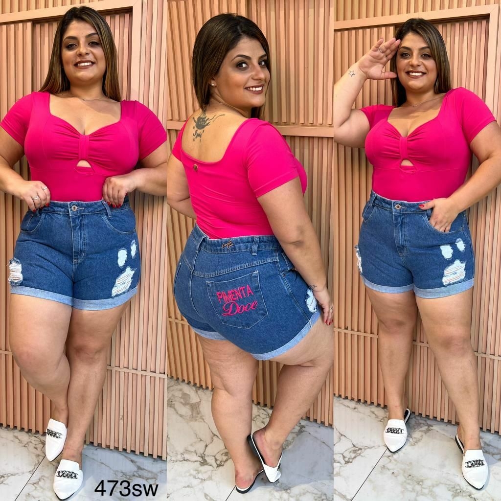 Shorts Jeans Plus Size Cintura alta Feminino Pimenta Doce