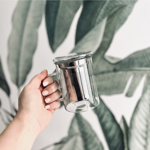 Taza de vidrio con infusor y tapa posa infusor + 2 tubos de la línea gris