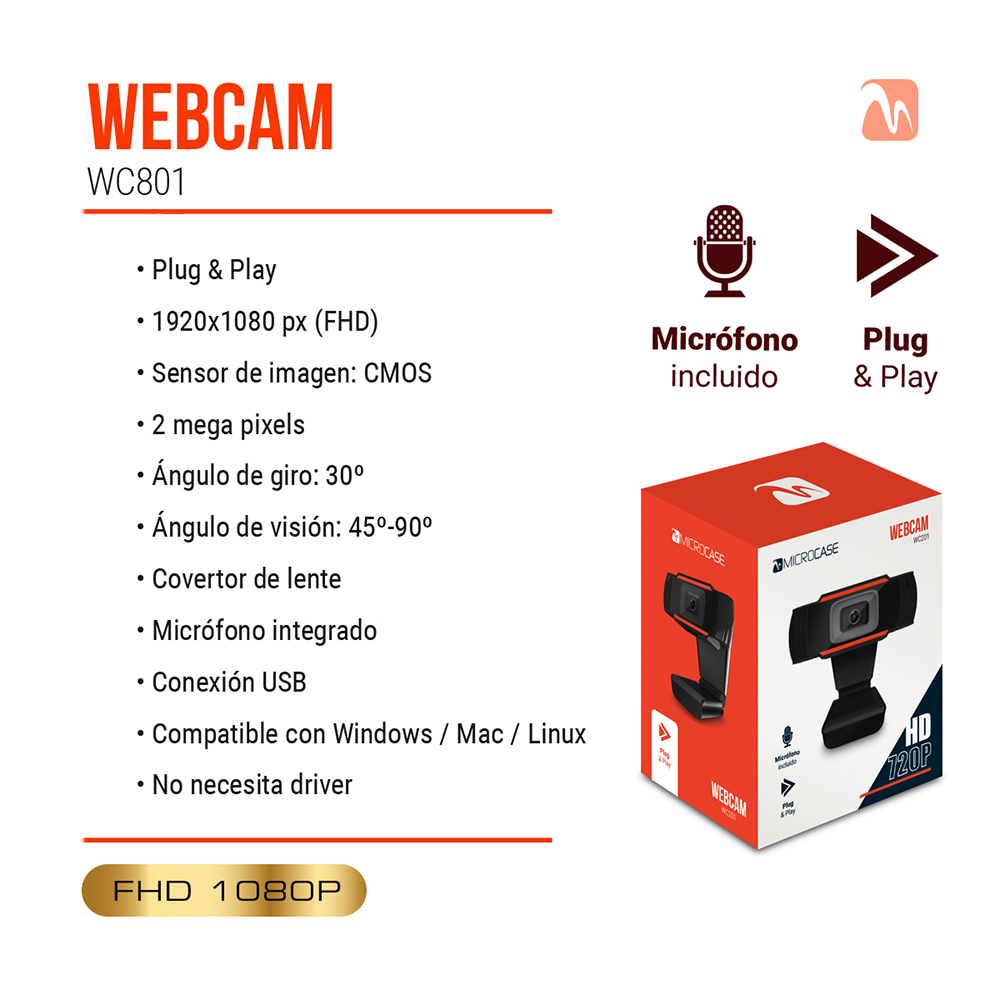 Webcam Pc Usb Micrófono Microcase Fhd - Streaming Gamer Zoom Color Ne