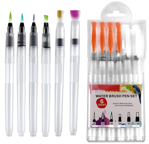 SET LAMA WATER BRUSH PINCELES CON DEPÓSITO DE AGUA RECARGABLE X 6