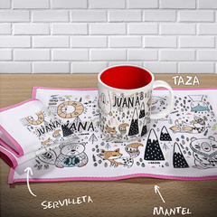 COMBO Taza plástica + Mantel + Servilleta