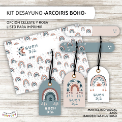 Kit Imprimible Desayuno Arcoiris BOHO - Opción celeste y rosa