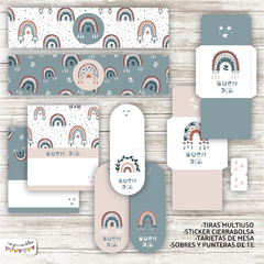 Kit Imprimible Desayuno Arcoiris BOHO - Opción celeste y rosa en internet