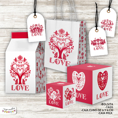 Set imprimible de Cajas, tags y bolsa LOVE en rojo
