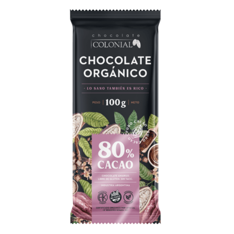 Chocolate Orgánico 80% Puro Cacao x 100 gr Sin TACC - COLONIAL