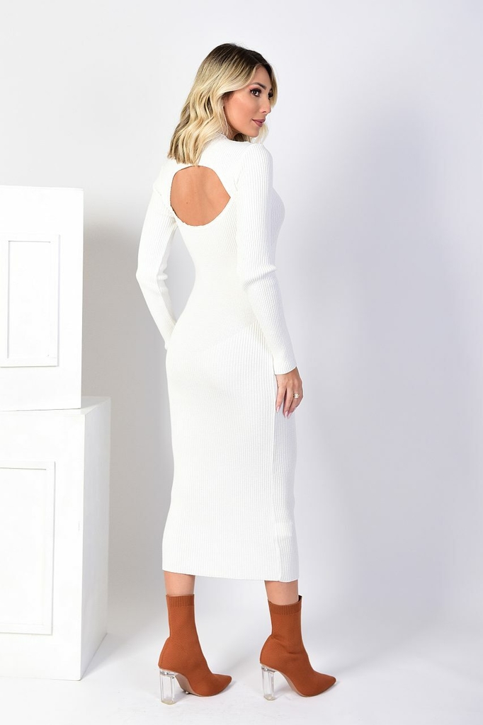 BRENA White Long Sleeve Bodycon Knit Midi Dress