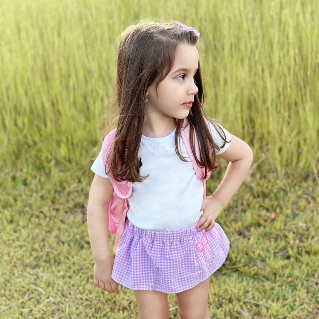 Baby pink top plaid skirt