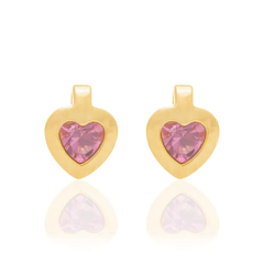 Aro corazón con piedra rosa laminado en oro 18k. - comprar online