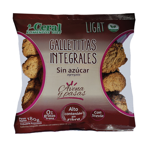 Galletitas Integrales De Avena y Pasas S/Azúcar C/Stevia Ceral 180g