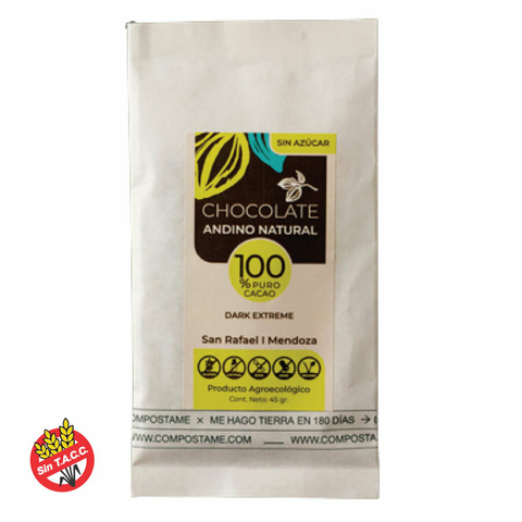 Chocolate 100% Cacao Dark Extreme Sin azúcar agregada Andino Natural 50g