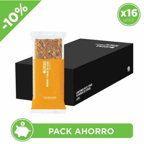 Pack Caja Barritas Sabor Banana y Dulce de Leche Muecas 45g (16unid.)