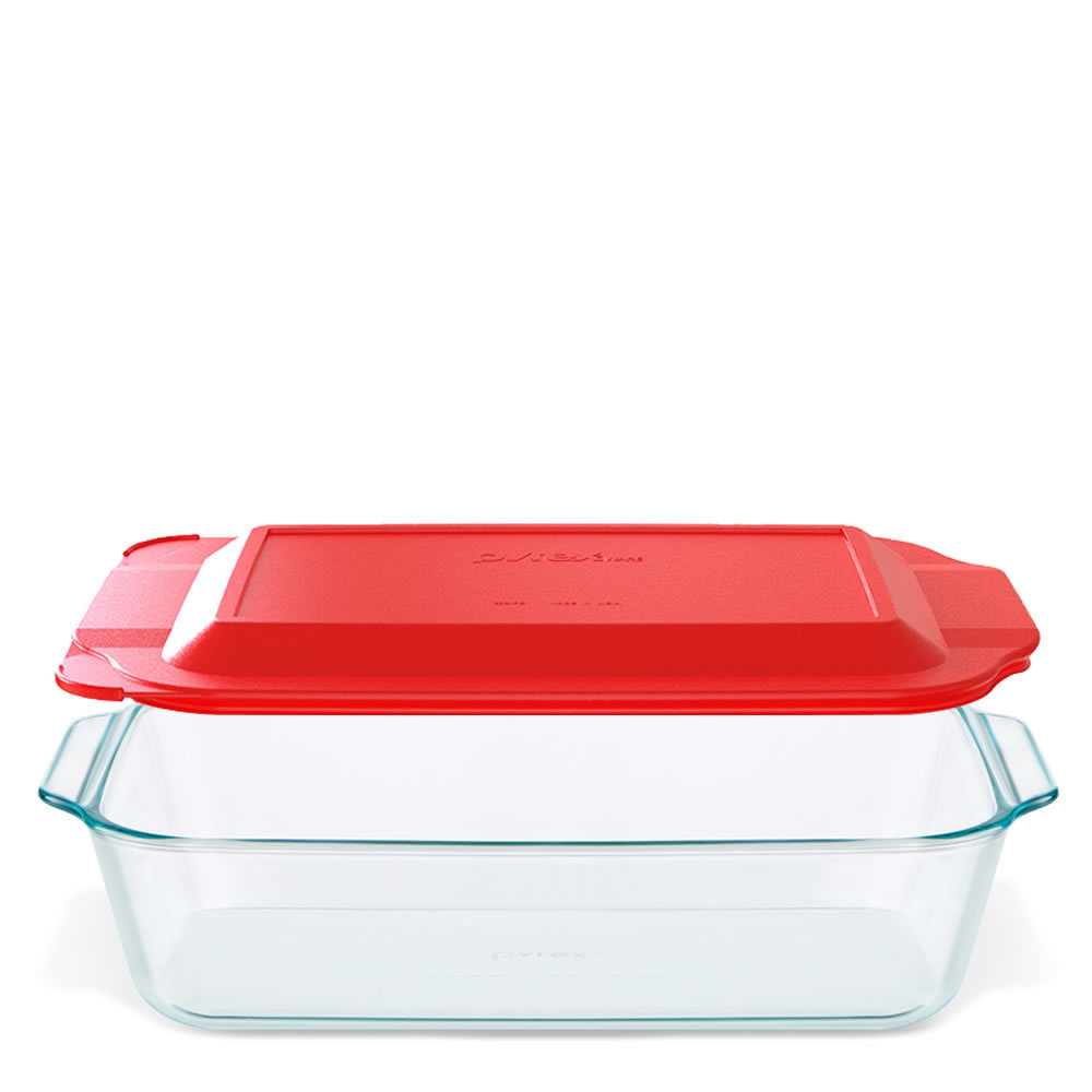 Pyrex Fuente cuadrada para horno, de 8 pulgadas, con tapa plástica roja.
