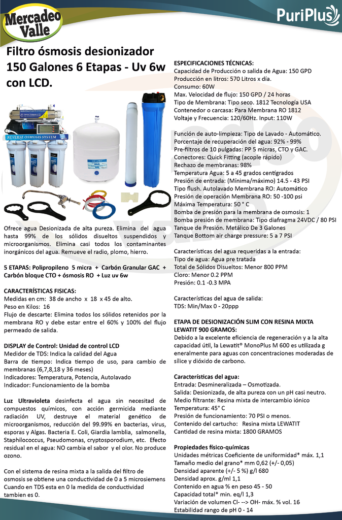 Filtro de Agua 150 GPD - Ósmosis Inversa 5 Etapas