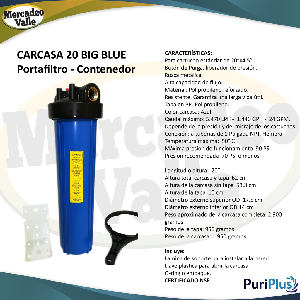 Filtro de agua 10 pulgadas 3 Etapas, Conexión 1/2 Azul PuriPlus c -512