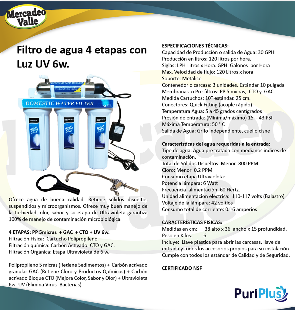 Sistema Básico de Purificación 4 Etapas UV doméstico Punto de consumo