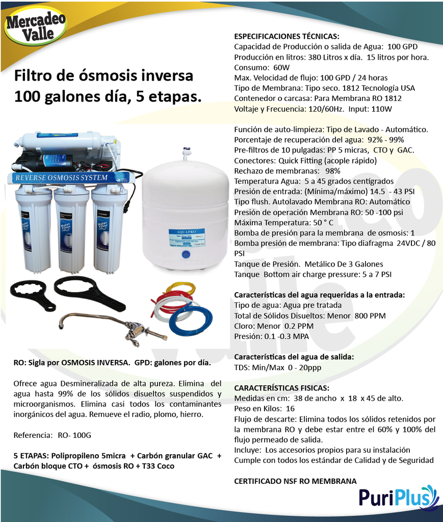 Applied Membranes Inc. Sistema de filtro de agua de ósmosis inversa de 5  etapas, 100 galones por día