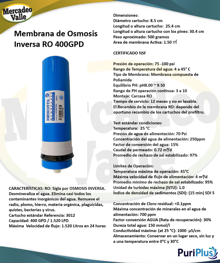 Membrana osmosis inversa 400 gpd