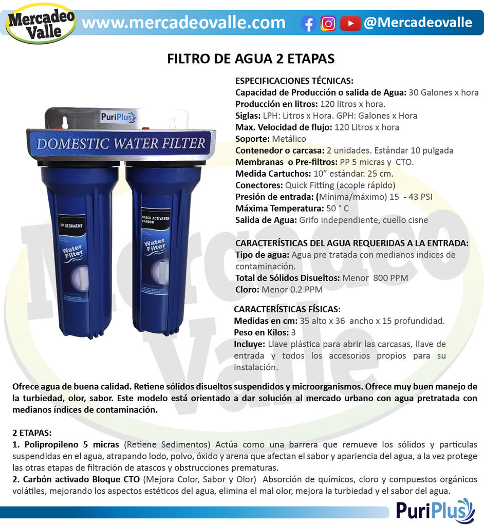 Filtro de agua 10 pulgadas 3 Etapas, Conexión 1/2 Azul PuriPlus c -512