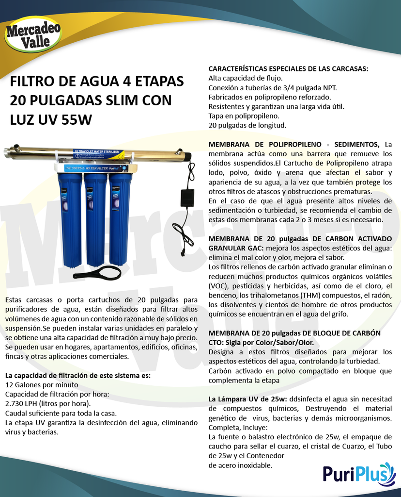 Plantas industriales purificadoras de agua UV de 55W – 4 etapas – 20” – BB  (incluye kit adicional de filtros repuesto) : Aguas e Ingeniería