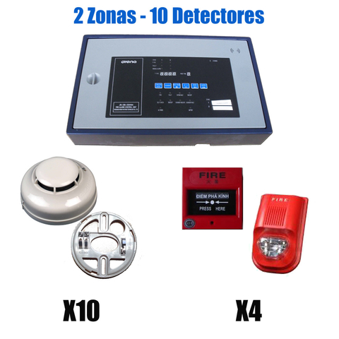 Central de 2 Zonas, 10 detectores, bases, 4 avisadores y sirenas