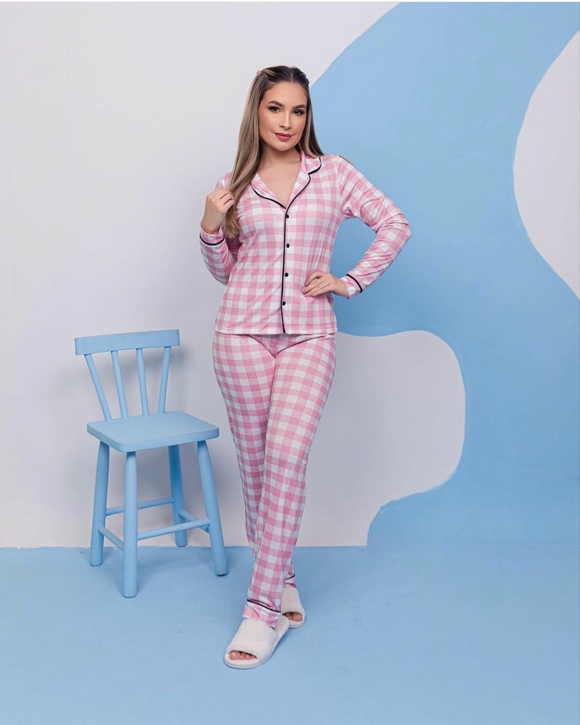 Pijama Americano Longo Xadrez Rosa