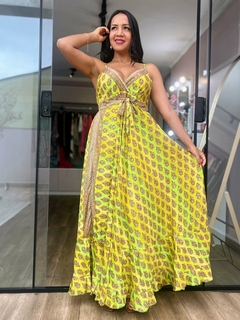 Vestido Ana Longo Decote V em Seda Verde/Amarelo - loja online