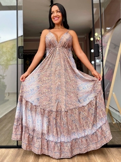 Vestido Paola Longo em Seda Estampado Marrom/Rosé - loja online