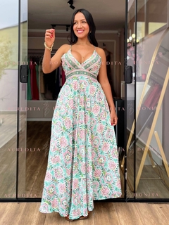 Vestido Gaya Longo em Seda Estampado Verde - loja online