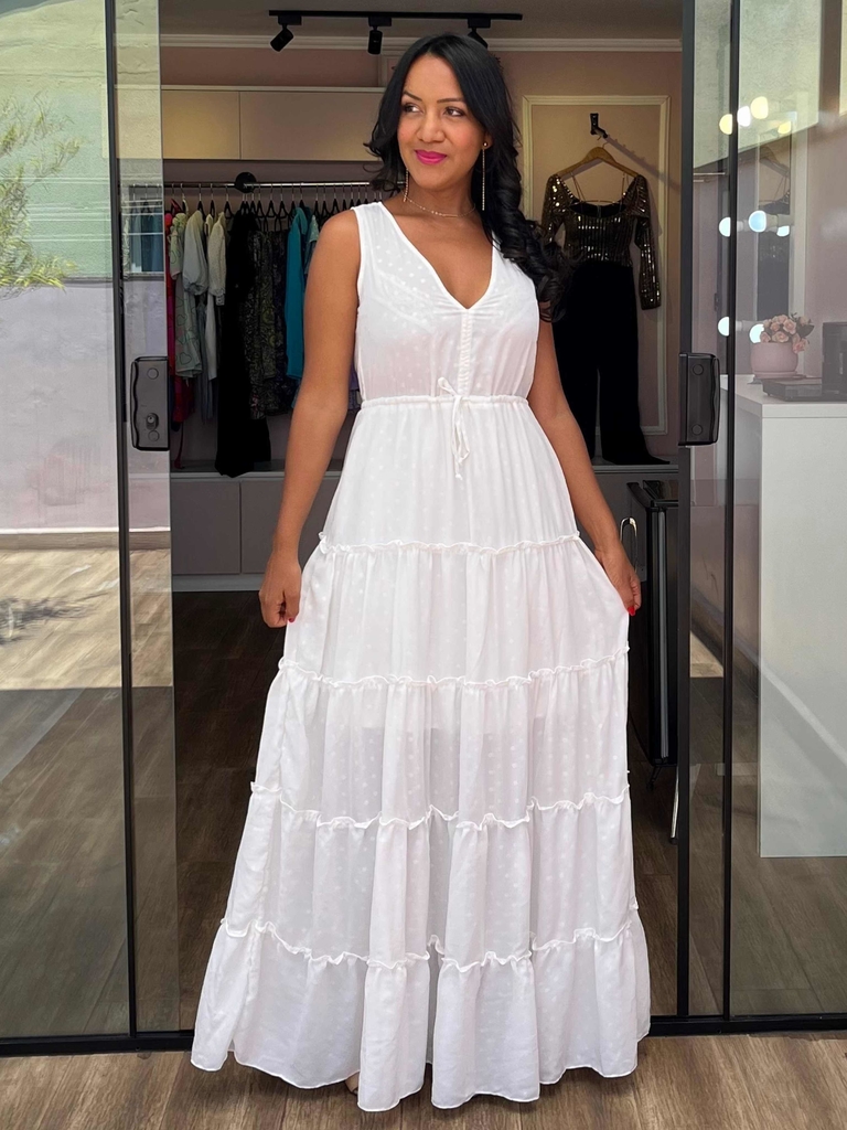 Vestido Longo Branco Gola V em Chiffon com detalhes em poá