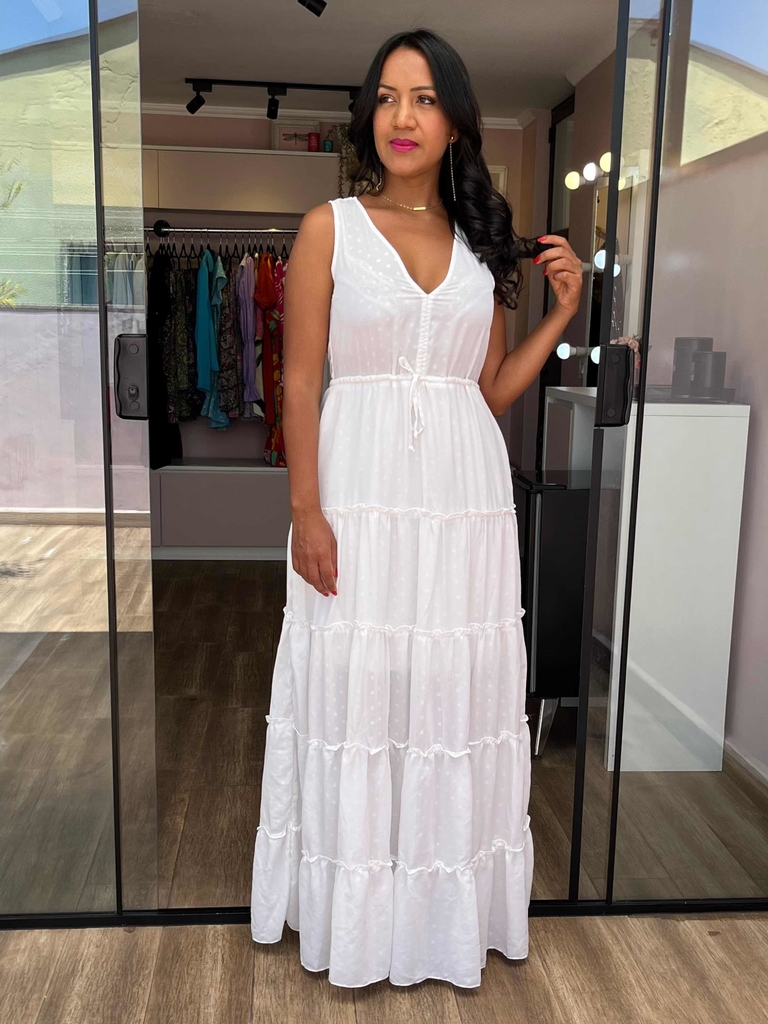 Vestido Longo Branco Gola V em Chiffon com detalhes em poá