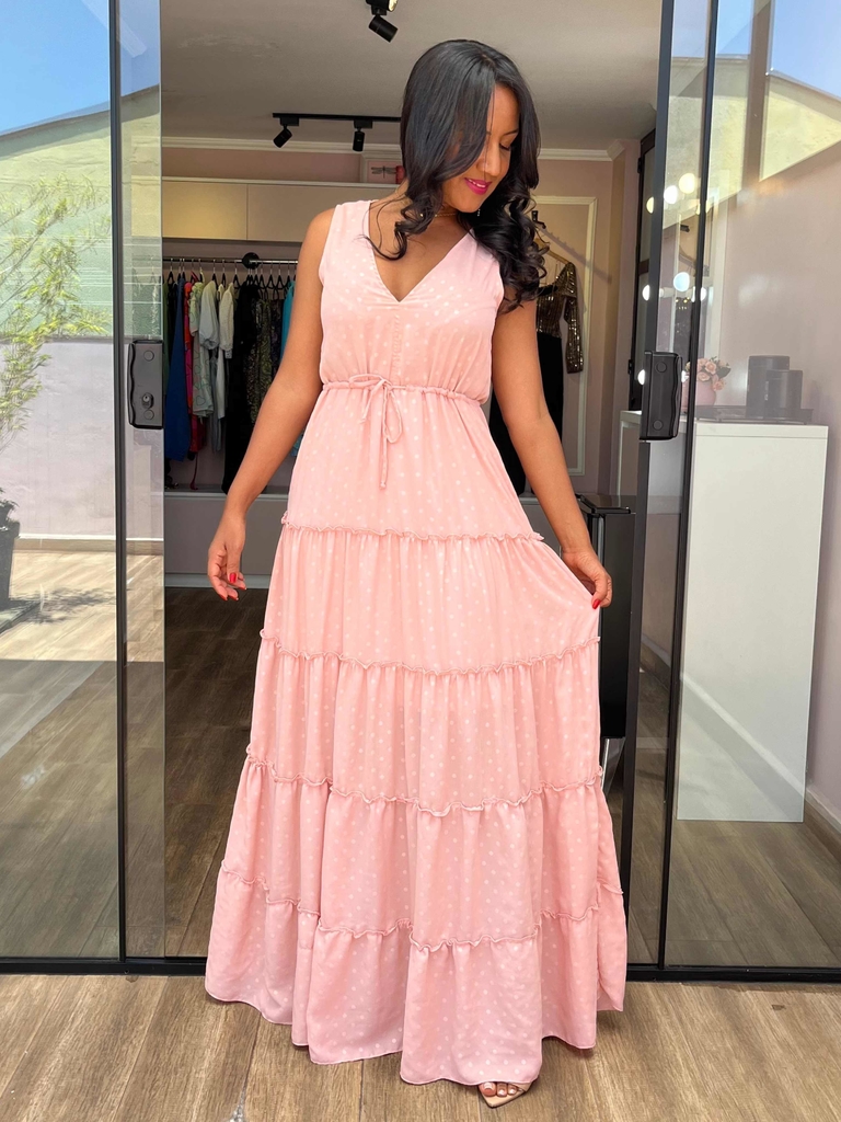 Vestido Longo Rose Gola V em Chiffon com detalhes em poá