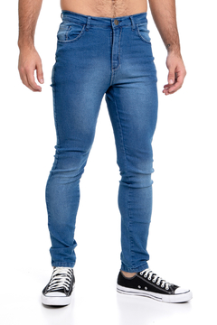 165C - Pantalón de Jean Elastizado, Localizado Azul Medio