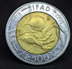 432 - Moeda da Itália 500 liras, 1998 - FAO - 20º Aniversário da IFAD