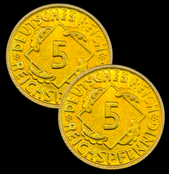 076 - Duas moedas da Alemanha 5 reichspfennig, 1935 F