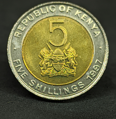 746 - Moeda do Quênia 5 shillings, 1995, Bimetálica, 19.5mm. KM# 30