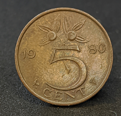 1123 - Holanda 5 cêntimos, 1980 - Bronze, 3.5g, ø 21mm KM# 181