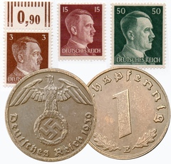 1048 - TERCEIRO REICH - Três Selos + Moeda 1 reichspfennig, 1939 E - Muldenhütten