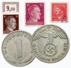 1050 - TERCEIRO REICH - Três selos + Moeda 1 reichspfennig, 1939 D - Munique