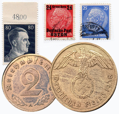 1058 - TERCEIRO REICH - Três selos + Moeda 2 reichspfennig, 1938 A - Berlin - Com lindíssima pátina