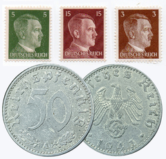 1071 - TERCEIRO REICH - Três selos + Moeda 50 reichspfennig, 1943 A - Berlin - Alumínio, 1.3g, ø 22mm KM# 96